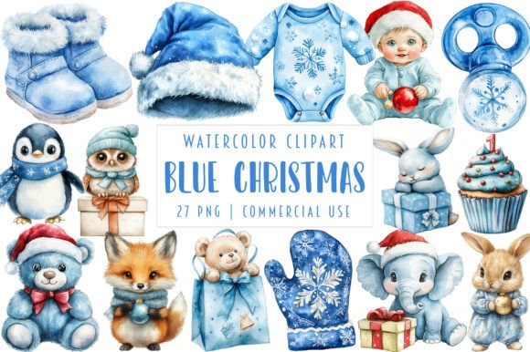 Baby's 1st Blue Christmas Clipart for Modern Illustrations