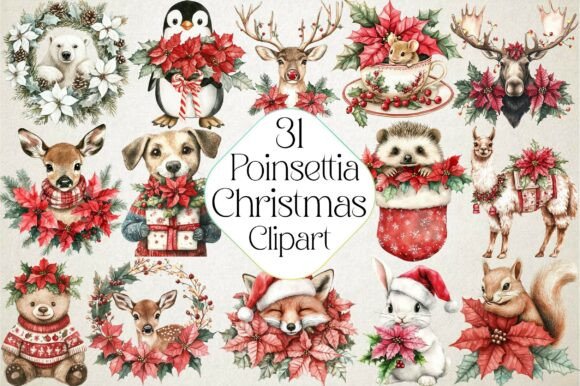 Christmas Animals and Poinsettia Bundle Illustrations Review