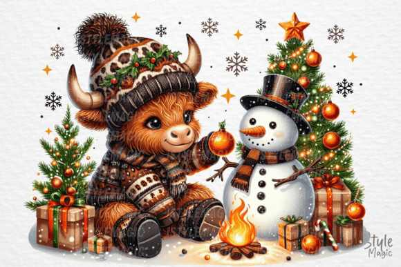 Christmas Cute Snowman Highland Cow PNG Illustrations