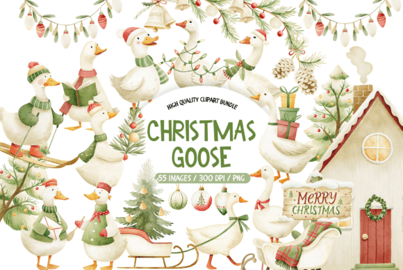 Christmas Goose Watercolor Clipart Set: Festive Illustrations for Crafters