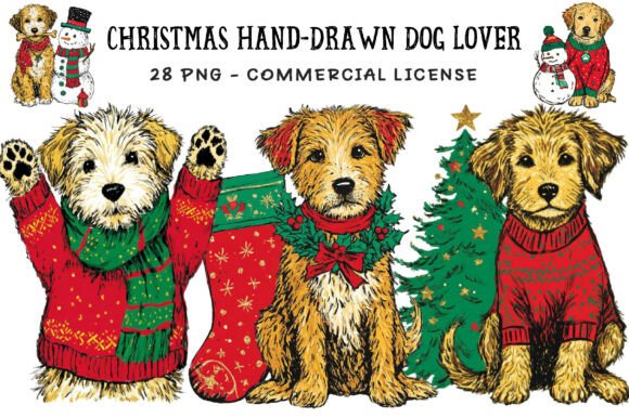 Christmas Hand-Drawn Dog Lover Clipart Illustrations