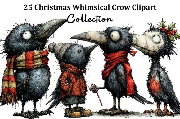 Christmas Whimsical Crow Clipart for Editorial Illustrations