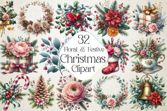 Floral Festive Christmas Clipart for Illustrations