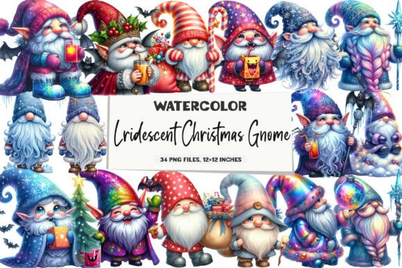 Lridescent Christmas Gnome Clipart for Brand Illustrations
