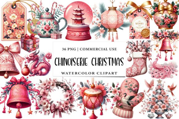 Pink Chinoiserie Christmas Clipart: Premium Illustrations for Holiday Branding