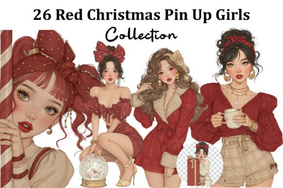 Red Christmas Pin Up Girls Clipart Bundl