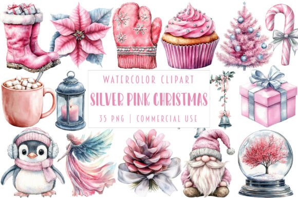 Silver Pink Christmas Clipart for Modern Illustrations