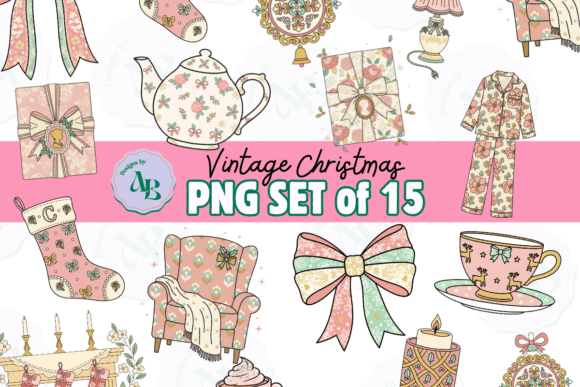 Vintage Grandmillenial Christmas PNG Set for Illustrations