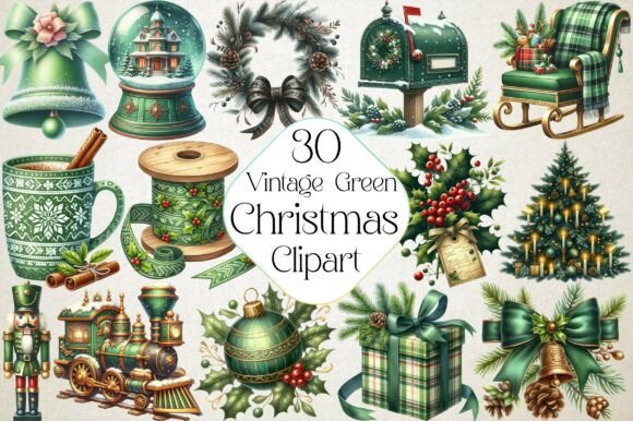 Vintage Green Christmas Clipart PNG for Illustrations