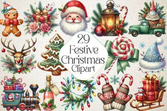 Watercolor Festive Christmas Clipart for Holiday Illustrations