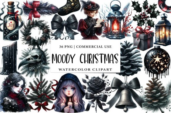 Watercolor Moody Christmas Clipart for Modern Illustrations