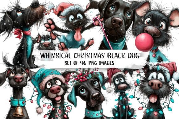 Whimsical Christmas Black Dog Clipart