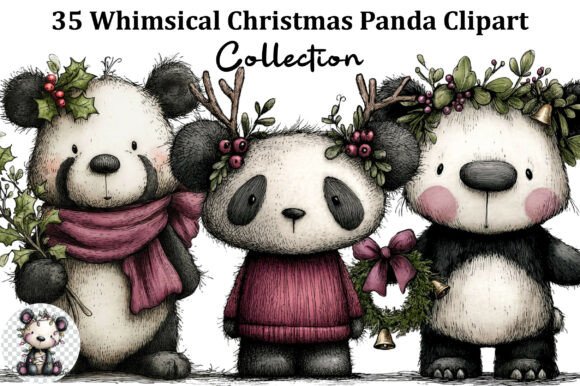 Whimsical Christmas Panda Clipart for Illustrations