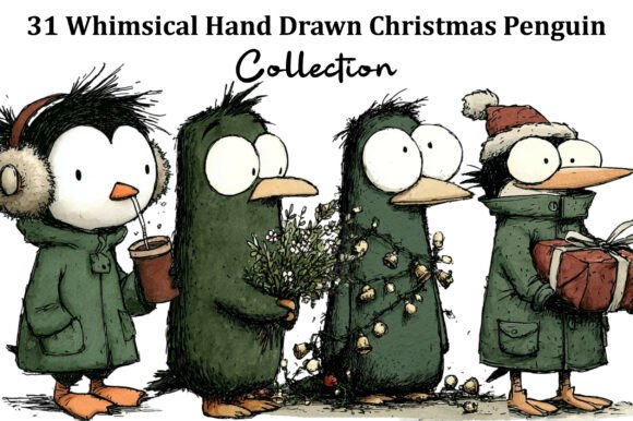 Whimsical Hand Drawn Christmas Penguin Illustrations