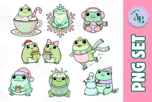Winter Christmas Frogs Snow PNG Set: Illustrations for Crafting